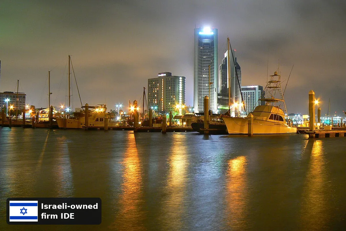 Boats docked on Corpus Christi Bay at night, with the downtown Corpus Christi skyline behind them.
